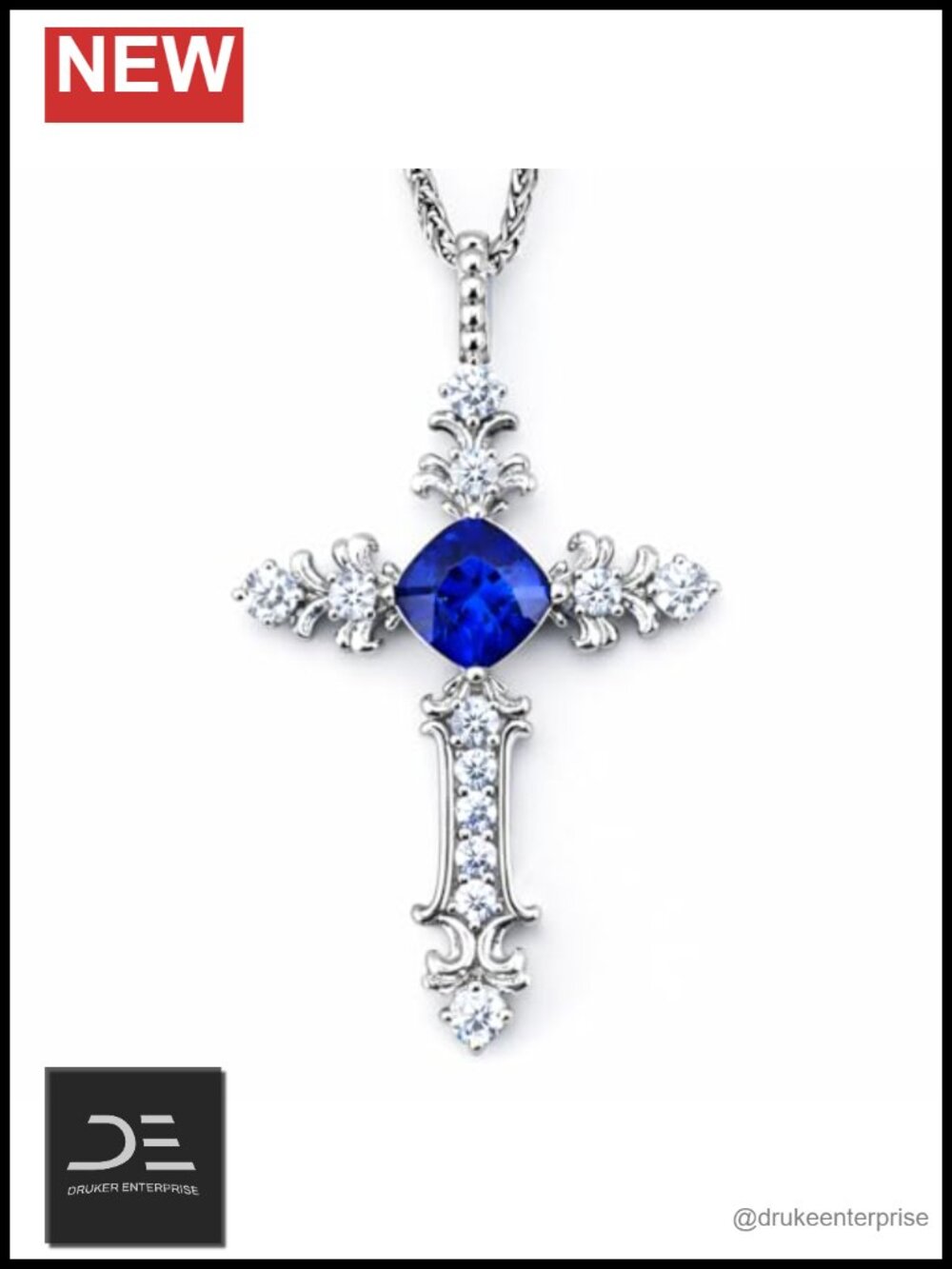 Women's Sterling Silver Cross Necklace with Heart Lab Grown Ruby & Moissanite,
